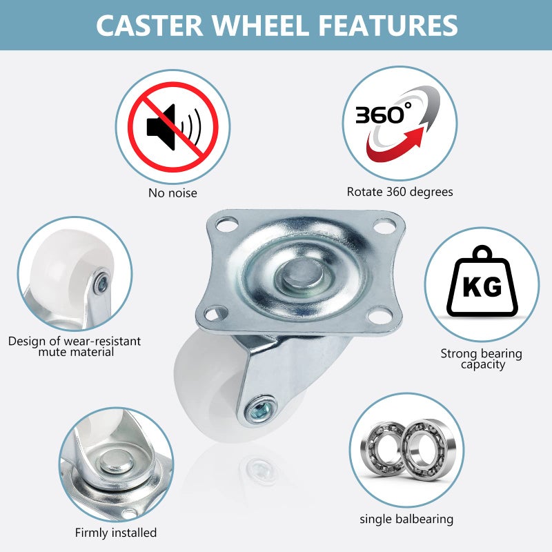 Cofufu 1" Low Profile Caster Wheels Set of 4, No Noise Casters for Furniture with Polyurethane Wheels, Small Rectangle Swivel Caster with 360 Degree Top Plate 22 lbs Weighs Capacity Each Caster - Image 3